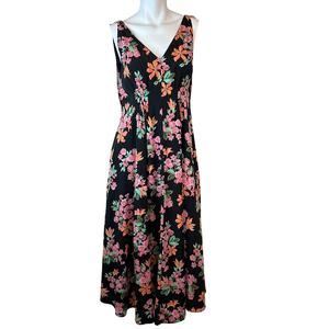 Ann Taylor Capri Garden V-Neck Maxi Dress Black Pink Floral sz 4 EUC